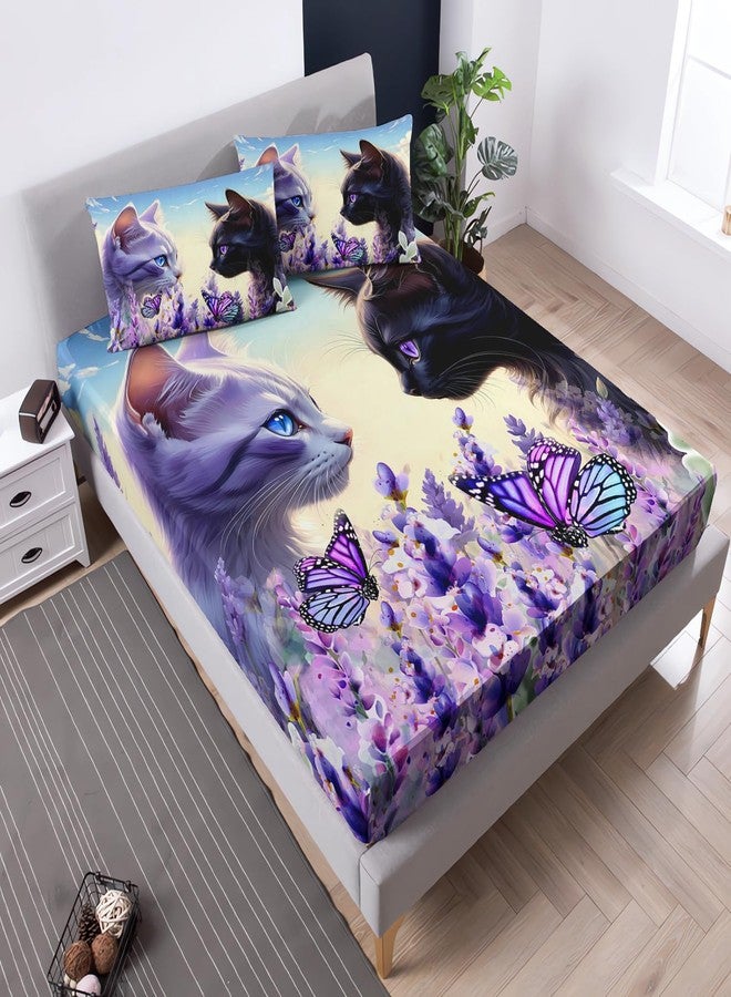 UEVBF Cat Fitted Sheet Toddler Bedding Set,Floral Bedding Animal Themed Fitted Sheet Sets for Kids Boys Girls Room Decor,Cute Bed Fitted Sheet Sets Twin Size,1 Fitted Sheet+2 Pillowcases. - Image 3
