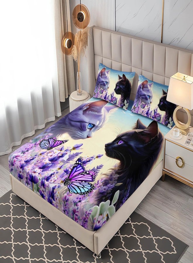 UEVBF Cat Fitted Sheet Toddler Bedding Set,Floral Bedding Animal Themed Fitted Sheet Sets for Kids Boys Girls Room Decor,Cute Bed Fitted Sheet Sets Twin Size,1 Fitted Sheet+2 Pillowcases. - Image 2