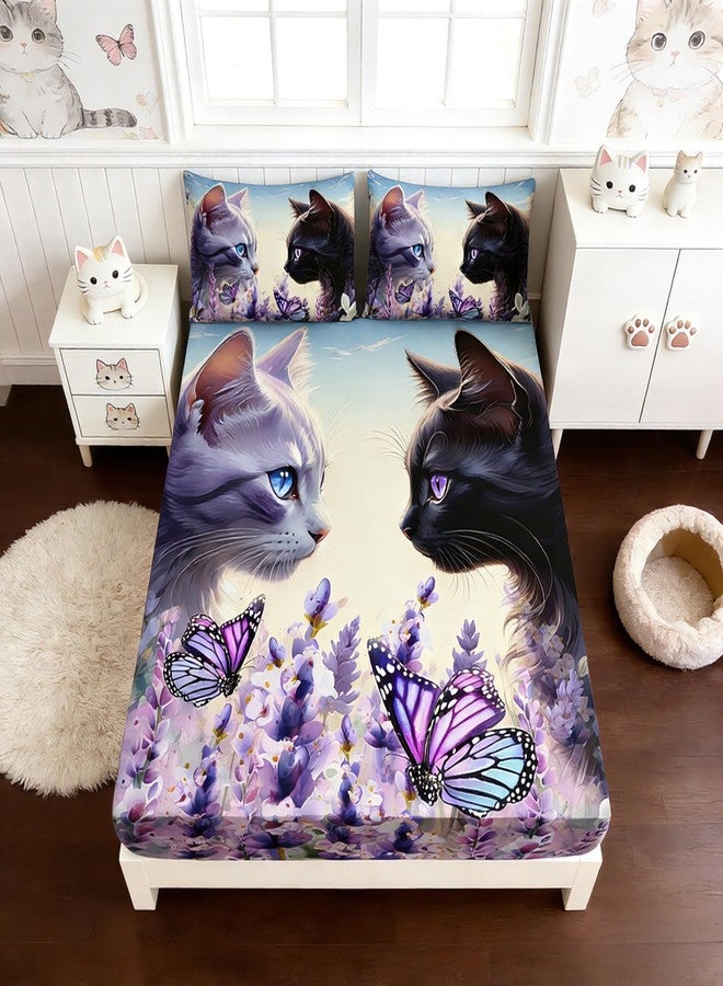 UEVBF Cat Fitted Sheet Toddler Bedding Set,Floral Bedding Animal Themed Fitted Sheet Sets for Kids Boys Girls Room Decor,Cute Bed Fitted Sheet Sets Twin Size,1 Fitted Sheet+2 Pillowcases. - Image 1