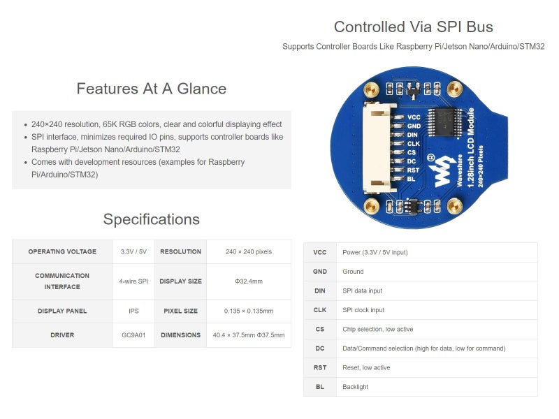 Waveshare 1.28inch Round LCD Display Module 65K RGB Colors 240×240 Resolution with SPI Interface Embedded GC9A01 Driver, Raspberry Pi 5/4B/3B/Zero/Zero W/Zero 2W/Pico/Pico W/Pico WH - Image 4