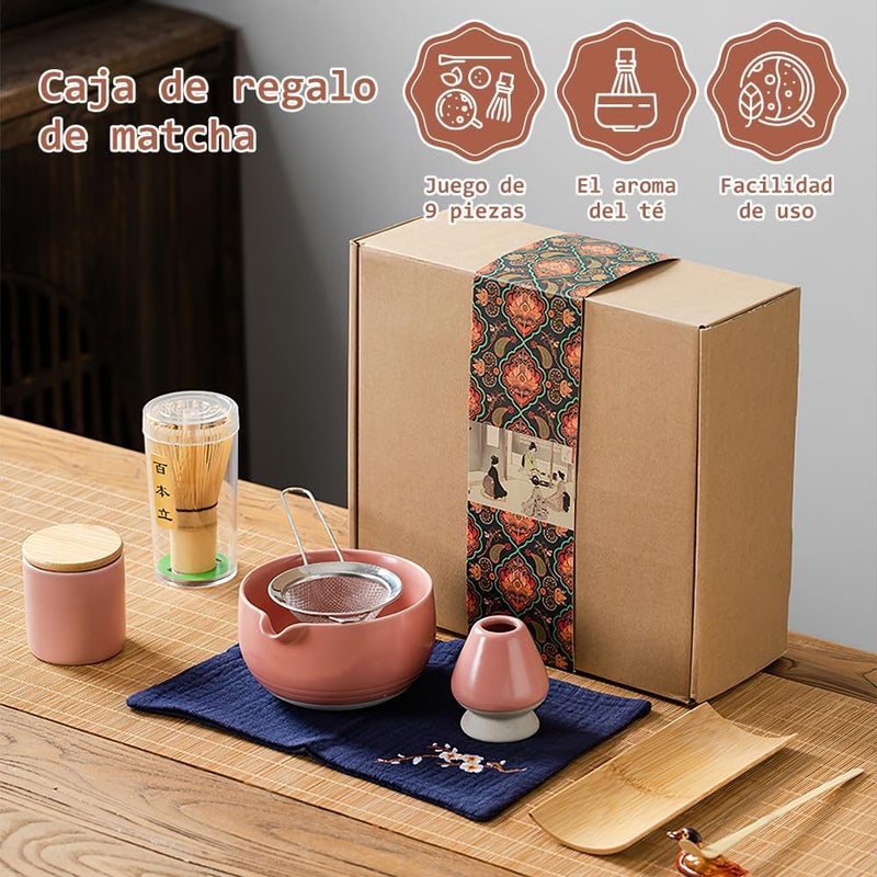NIERBO 9 Pcs Matcha Tea Kit: Whisk, Matcha Bowl, Whisk & Stand, Spoon & Spoon Holder, Tea Puller, Stainless Steel Sieve, Square Tissue, Powdered Tea Can (Light Green) - Image 2