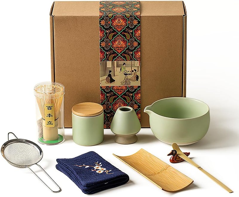 NIERBO 9 Pcs Matcha Tea Kit: Whisk, Matcha Bowl, Whisk & Stand, Spoon & Spoon Holder, Tea Puller, Stainless Steel Sieve, Square Tissue, Powdered Tea Can (Light Green) - Image 1