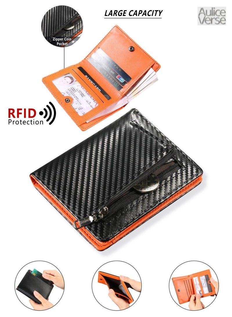 أوليس فيرس  محفظة رجالية رفيعة من الجلد بألياف الكربون مقاومة لقراءة RFID – 8 فتحات بطاقات، جيب عملات، سعة كبيرة (أسود/برتقالي) - Image 2