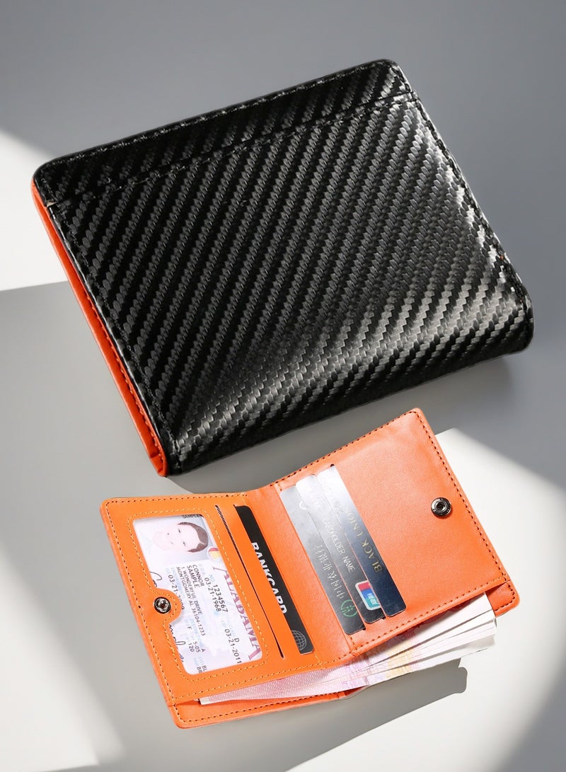 أوليس فيرس  محفظة رجالية رفيعة من الجلد بألياف الكربون مقاومة لقراءة RFID – 8 فتحات بطاقات، جيب عملات، سعة كبيرة (أسود/برتقالي) - Image 1