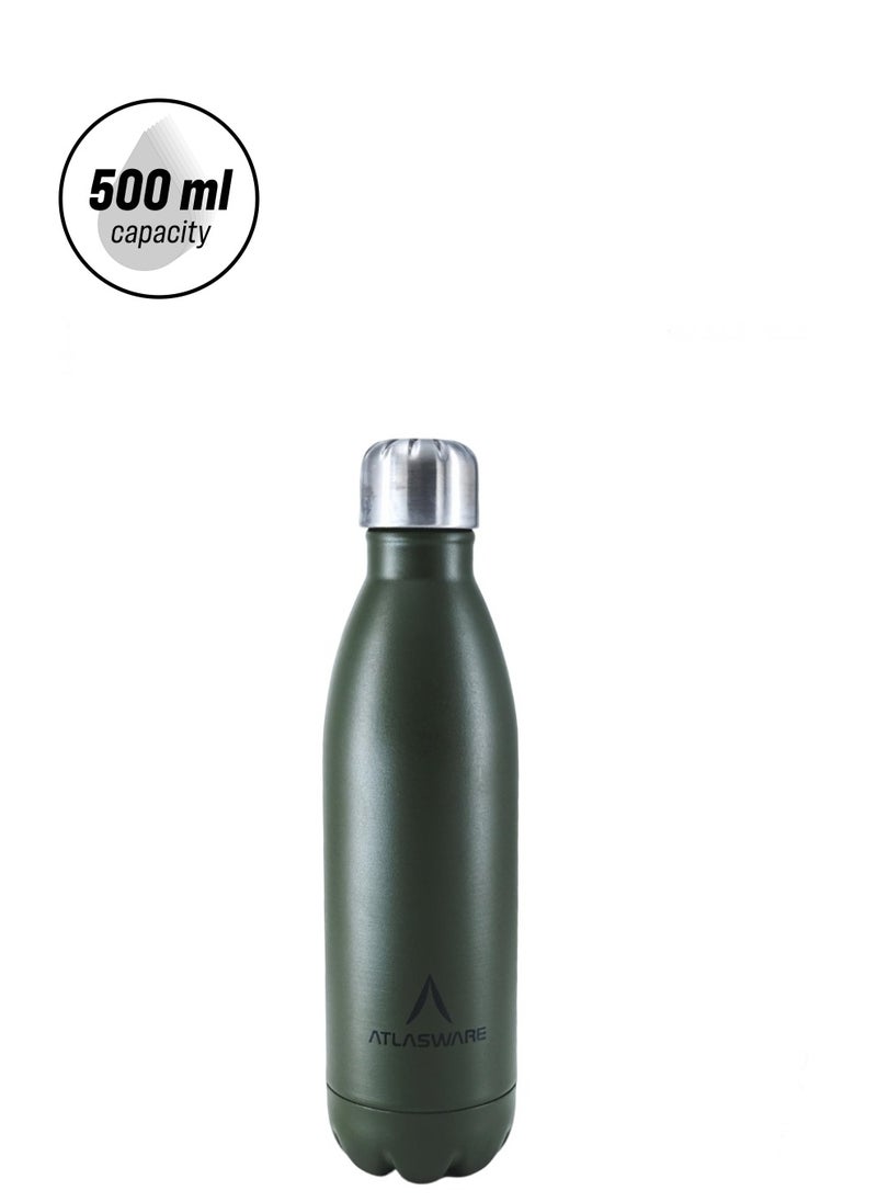 Atlasware Water Bottle with a Capacity of 500 ml, Stainless Steel Water Bottle that keeps Cold for 37 Hours and Keeps Heat for 16 Hours, Army Green  - Image 2