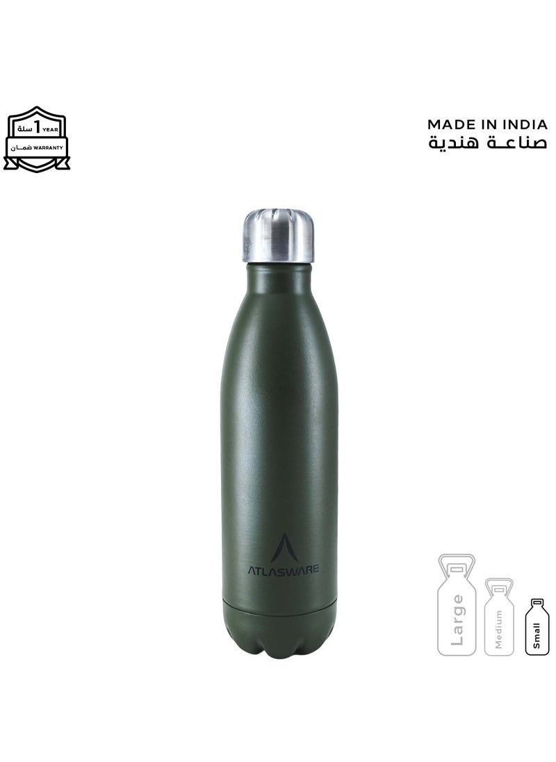 Atlasware Water Bottle with a Capacity of 500 ml, Stainless Steel Water Bottle that keeps Cold for 37 Hours and Keeps Heat for 16 Hours, Army Green  - Image 1