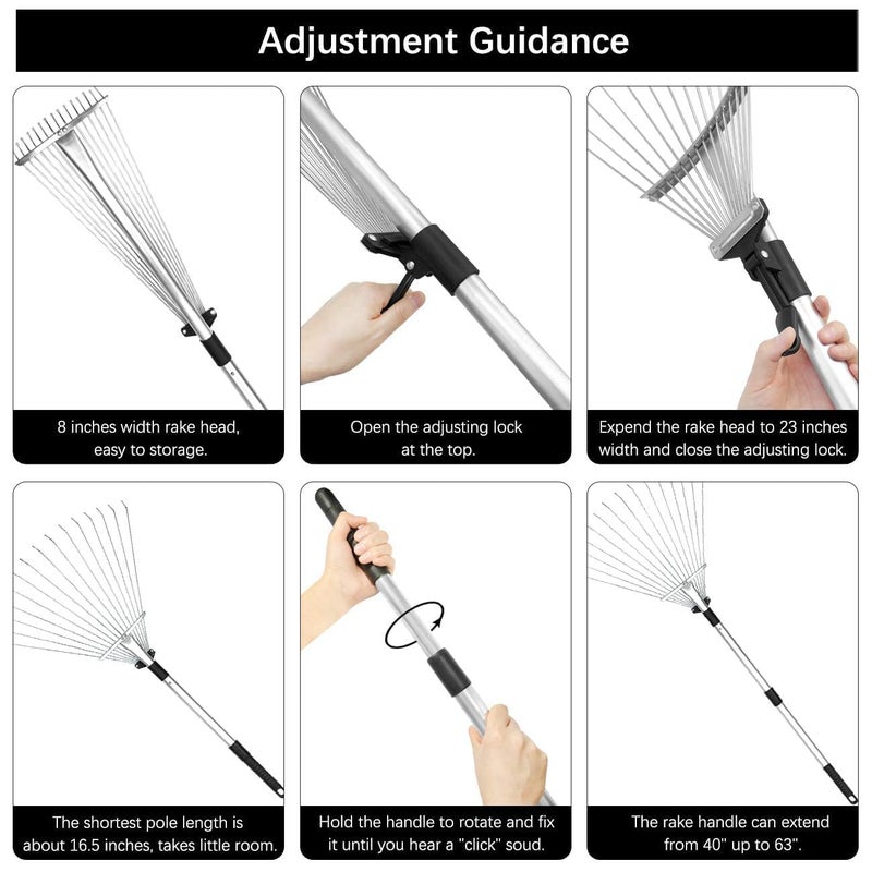 Buyplus Adjustable Garden Leaf Rake - 24 to 63 Inch Telescopic Metal Expandable Folding Leaves Rake, Metal Rake for Leaves, Yard Rakes for Lawn Yard, Flowers Beds, Black - Image 3
