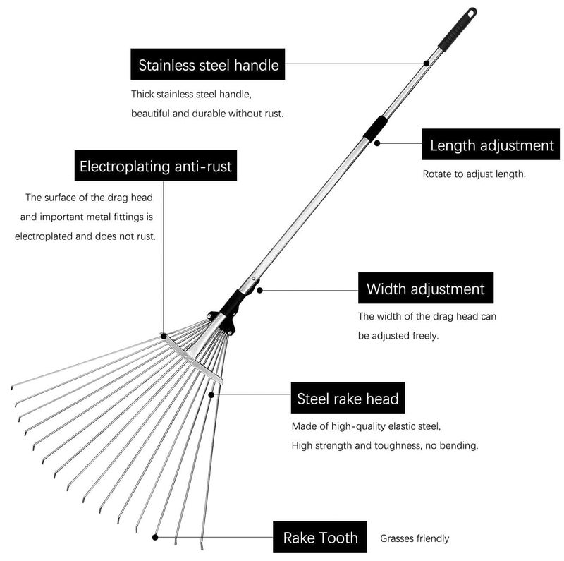 Buyplus Adjustable Garden Leaf Rake - 24 to 63 Inch Telescopic Metal Expandable Folding Leaves Rake, Metal Rake for Leaves, Yard Rakes for Lawn Yard, Flowers Beds, Black - Image 2