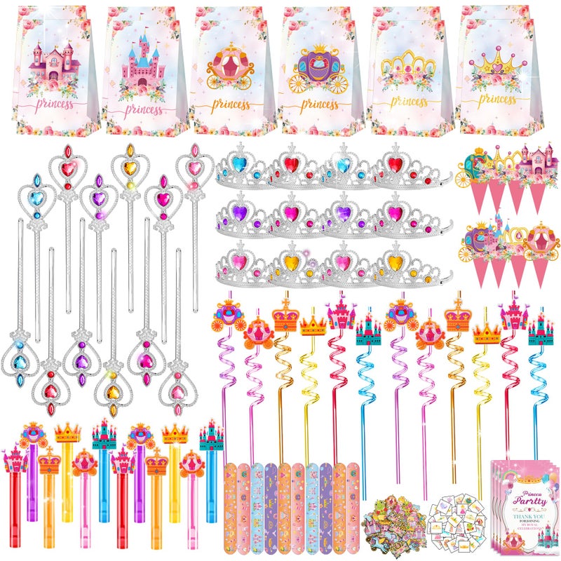 PLOUGVI 308PCS Princess Birthday Party Decorations Favors, Including Goodie Bags, Crown, Magic Wand, Straws, Bubble Wands, Stickers, Cake Toppers, Tattoo & More-Perfect for Party Decorations & Pinata Fillers - Image 1