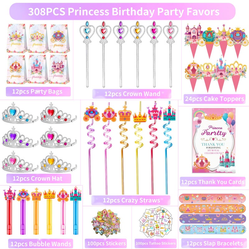 PLOUGVI 308PCS Princess Birthday Party Decorations Favors, Including Goodie Bags, Crown, Magic Wand, Straws, Bubble Wands, Stickers, Cake Toppers, Tattoo & More-Perfect for Party Decorations & Pinata Fillers - Image 3