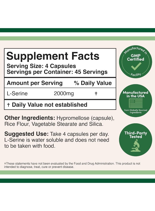 كبسولات Lserine (تم اختبارها من قبل طرف ثالث) 2000 ملجم تستخدم في الدراسات السريرية، 180 قطعة 500 ملجم لكل كبسولة (L حمض أميني سيرين لإنتاج السيروتونين ودعم الدماغ) من Double Wood - Image 2