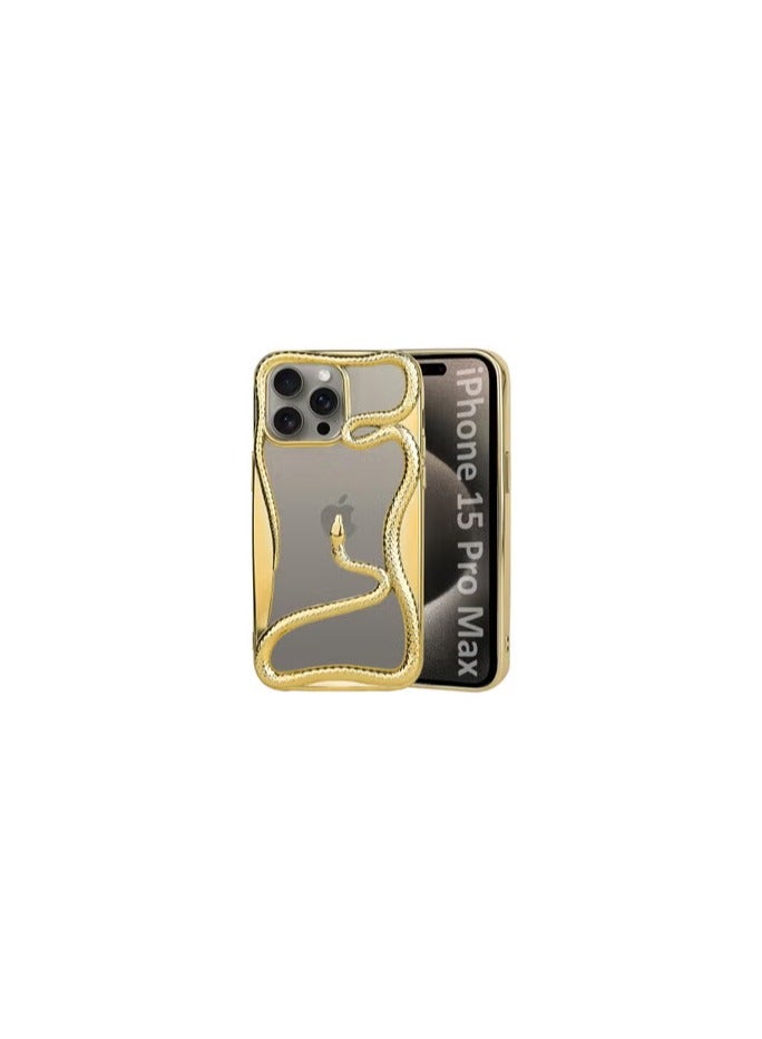 CATANES iPhone 15 Pro Max Case Cover Soft TPU and Glossy with Snake Design - Gold - Image 1
