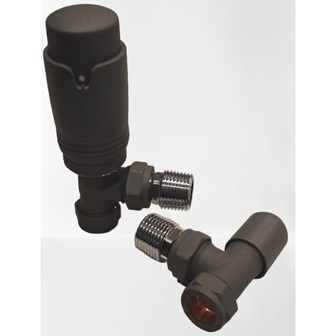 ANTHRACITE GREY ANGLED TRV THERMOSTATIC RADIATOR VALVE & LOCKSHIELD 15MM PACK SET PAIR - Image 1