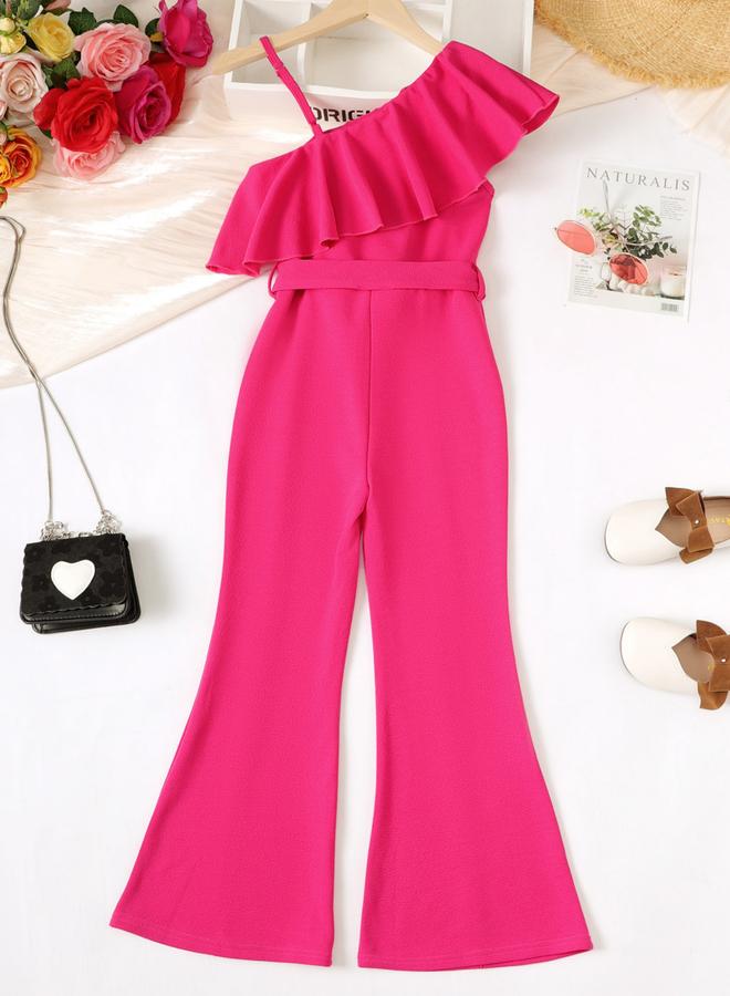Take Two Girls Pink One Shoulder Ruffle Belted Jumpsuit - Image 3