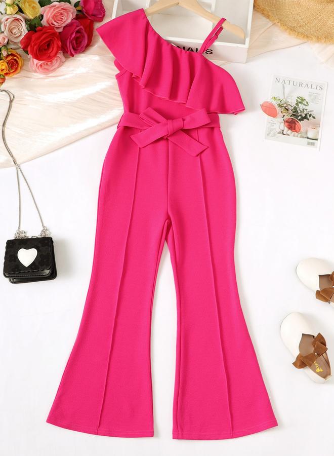 Take Two Girls Pink One Shoulder Ruffle Belted Jumpsuit - Image 1