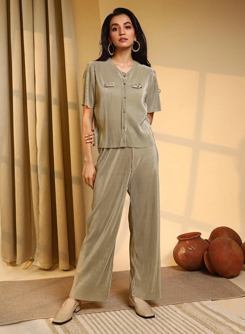 Pinacolada  Women's Sage Green Pleated Co-Ord Set for Women | Best Price UAE