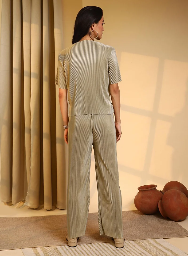 Pinacolada  Women's Sage Green Pleated Co-Ord Set for Women | Best Price UAE