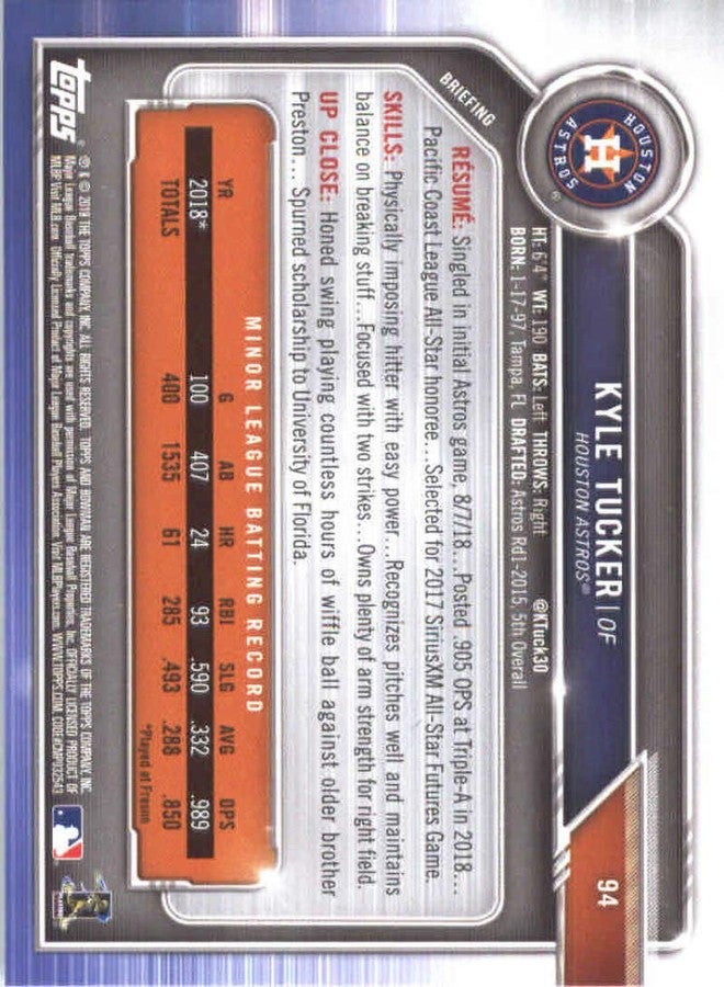 Bowman Chrome 2019 Bowman #94 Kyle Tucker Houston Astros (RC - Rookie Card) NM-MT MLB Baseball - Image 2