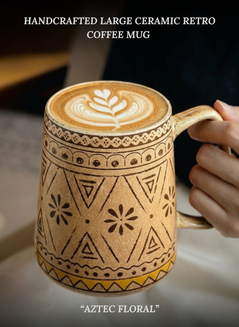 Handcrafted Large Ceramic Coffee Mug 750ml - Oversized Big Capacity Tea Cup, Earthy Aztec Floral Kitchen Drinkware - Image 1