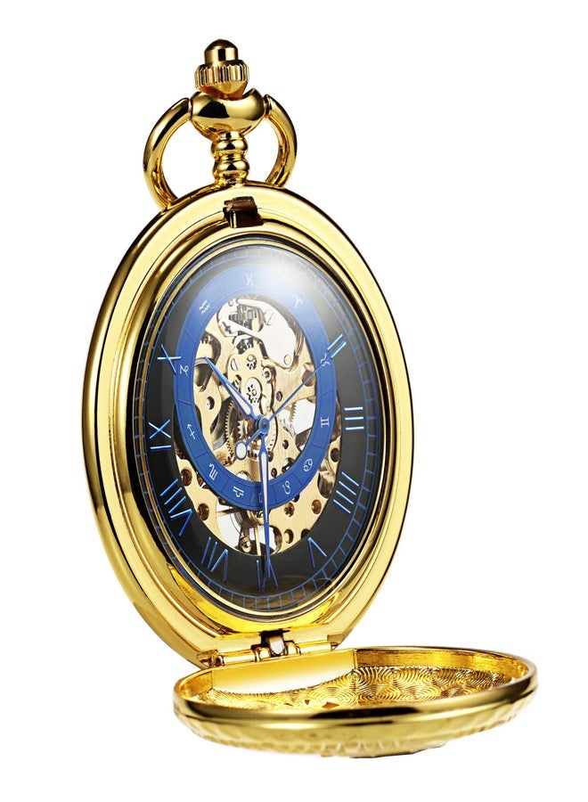 TREEWETO Men's Mechanical Roman Numerals Dial Sun and Moon Skeleton Pocket Watches with Box and Chains for Mens Women Black Bronze Gold Silver, Gold, Mechanical - Image 2