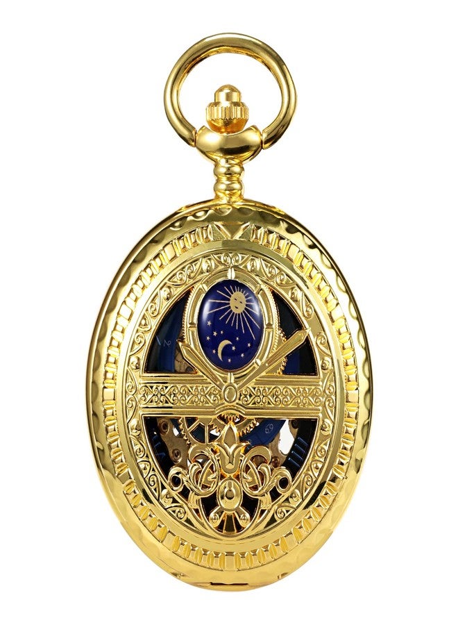 TREEWETO Men's Mechanical Roman Numerals Dial Sun and Moon Skeleton Pocket Watches with Box and Chains for Mens Women Black Bronze Gold Silver, Gold, Mechanical - Image 3