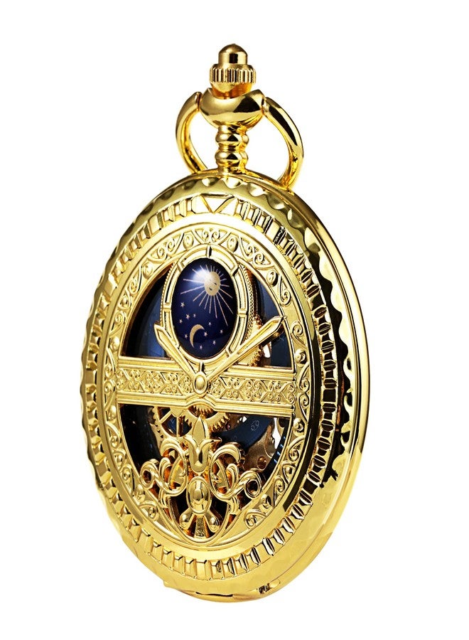 TREEWETO Men's Mechanical Roman Numerals Dial Sun and Moon Skeleton Pocket Watches with Box and Chains for Mens Women Black Bronze Gold Silver, Gold, Mechanical - Image 1