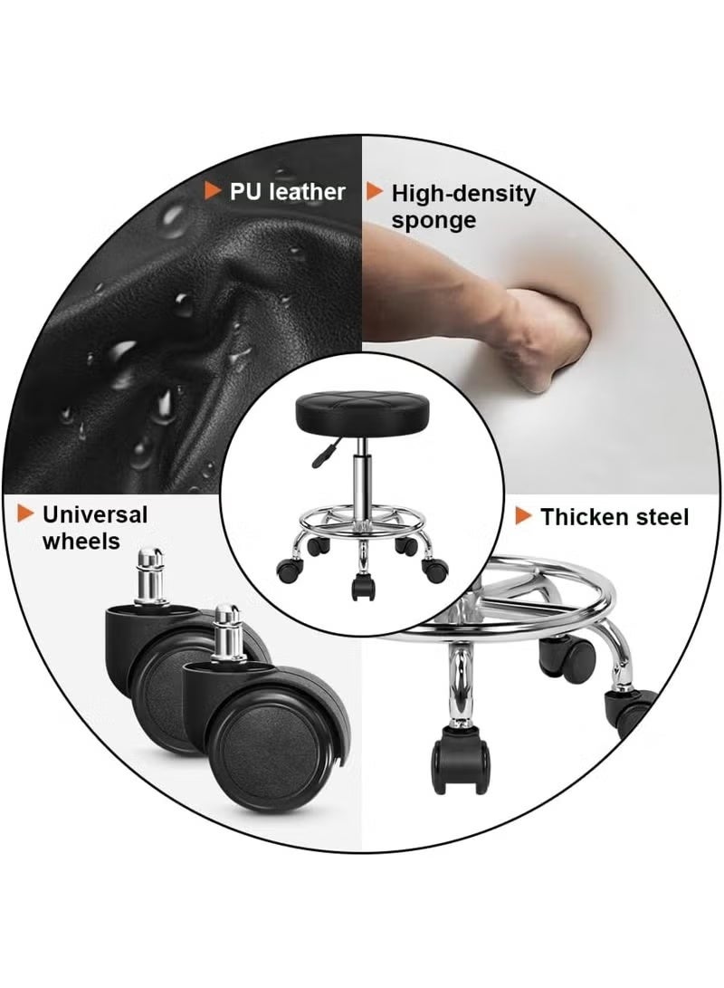 Compact Adjustable Swivel Office Stool with Wheels, Waterproof PU Leather Seat for Office, Salon, Spa & Clinic, Black - Image 1