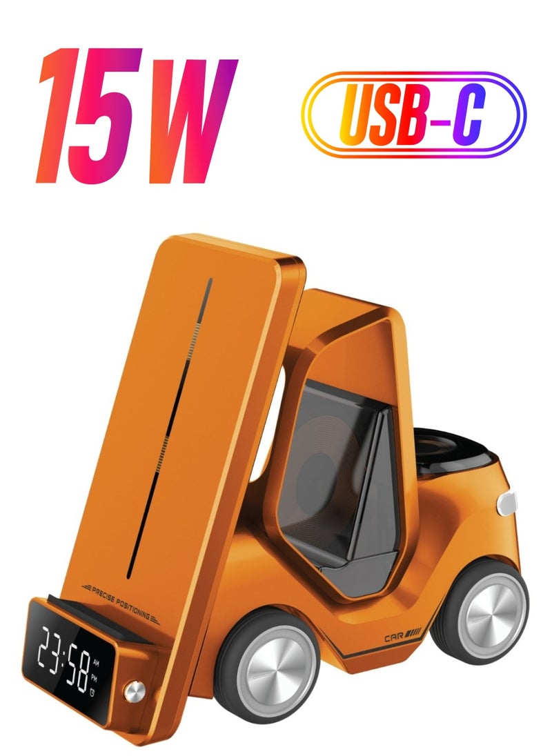GREEN LION Forklift 5 in 1 Wireless Charger / 15W Smart Phone / 2.5W Smart Watch / 5W EarPods Charger / Wireless Fast Charging / Night Light / Digital Clock Display / Type-C Input / Eye-catching Design - Orange  - Image 1