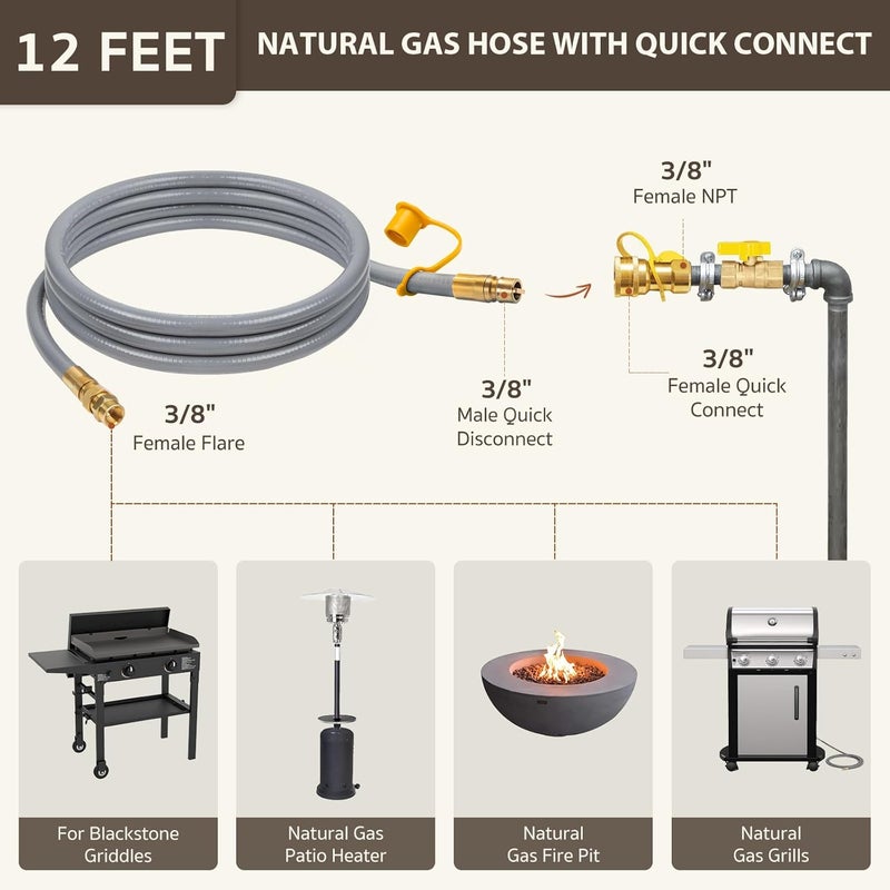 GASPRO 3/8" ID Natural Gas Hose, Low Pressure LPG Hose with Quick Connect, for Weber, Char-broil, Pizza Oven, Patio Heater and More, 12-Foot - Image 2