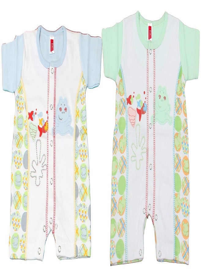 Favism Pure Ultra Soft Cotton New Born Baby Rompers Combo Pack of 2 pcs, Blue Green, Size 6-9 Months, Unisex - Image 1
