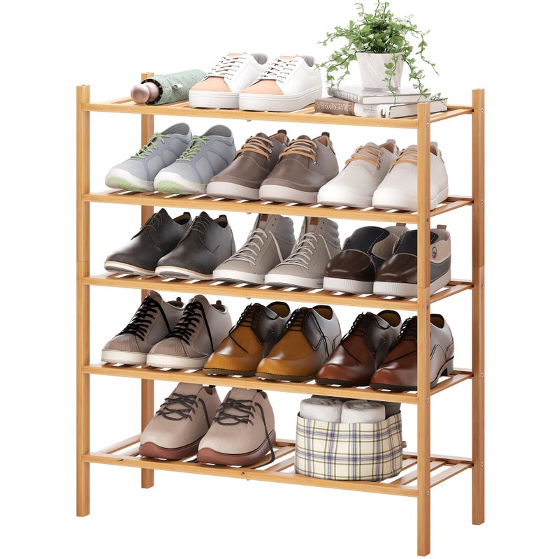 BMOSU 5Tier Bamboo Shoe Rack Premium Stackable Shoe Shelf Storage Organizer for Hallway Closet Living Room Entryway Organizer Natural Bamboo
