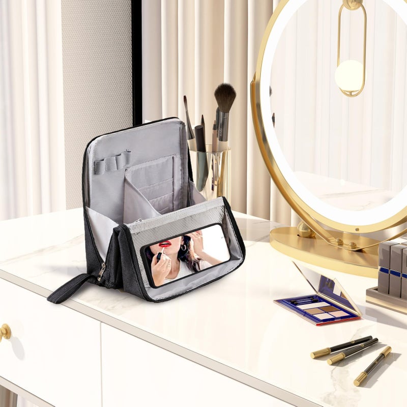 Black Waterproof Oxford Makeup Bag Travel Organizer With Multiple Compartments - Image 4