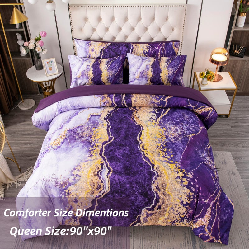 PERFEMET 6 Pcs Bed-in-A-Bag Purple Watercolor Marble Colorful Comforter Set,Ultra Soft and Lightweight Bedding Comforter Sheets Set,Luxurious Bedroom Decoration Durable Quilt Set (Purple,Queen) - Image 4