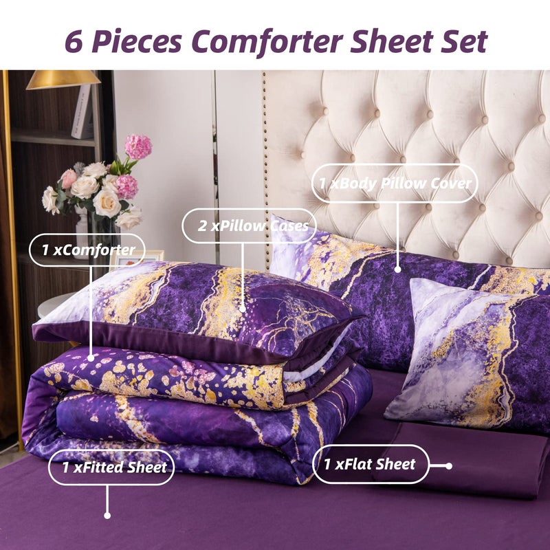 PERFEMET 6 Pcs Bed-in-A-Bag Purple Watercolor Marble Colorful Comforter Set,Ultra Soft and Lightweight Bedding Comforter Sheets Set,Luxurious Bedroom Decoration Durable Quilt Set (Purple,Queen) - Image 3