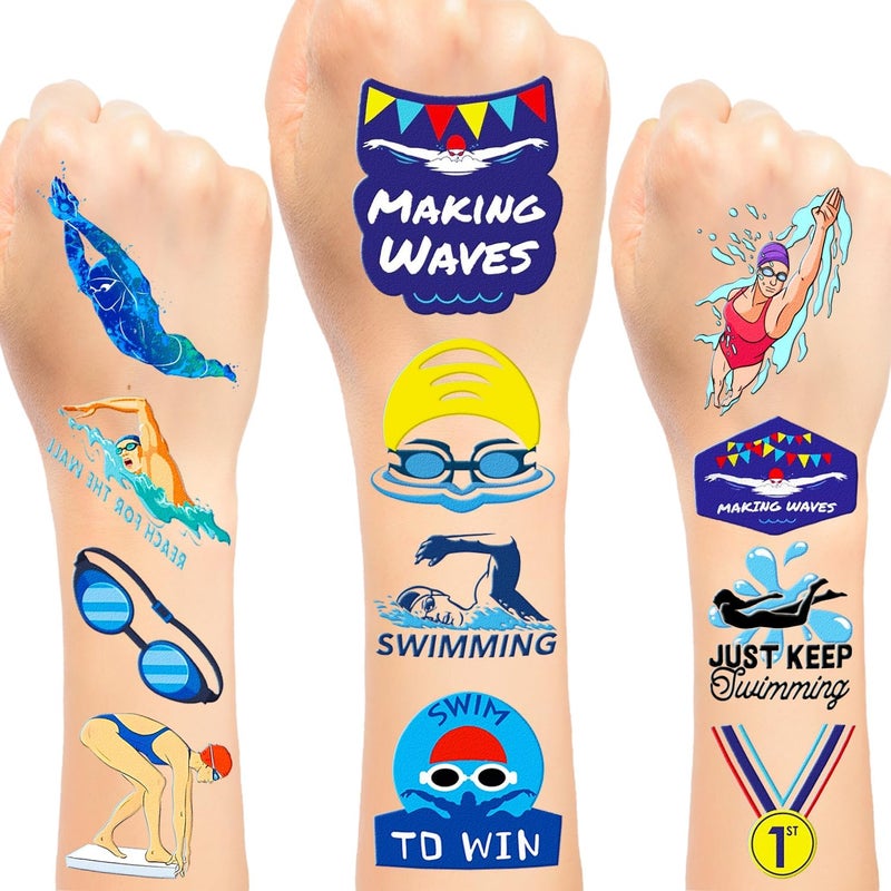24 Sheets 144 PCS Swimming Swim Team Temporary Tattoos Stickers Swimming Swim Team Pool Sport Making Waves Party Favors Supplies Birthday Decorations Gifts for Swimmers Kids Teens Boys Girls