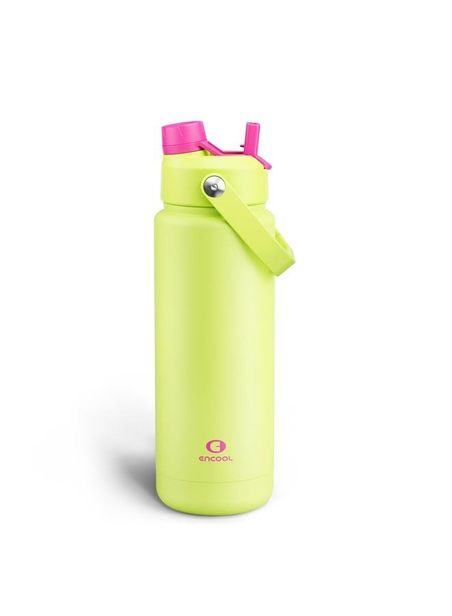 ENCOOL Insulated Water Bottle with Straw Stainless Steel Water Bottle, Leak-Proof, BPA-Free, Double Wall Vacuum Keeps Cold for 24 Hours for Sports, Travel, School (32 oz, Acid Green) - Image 1