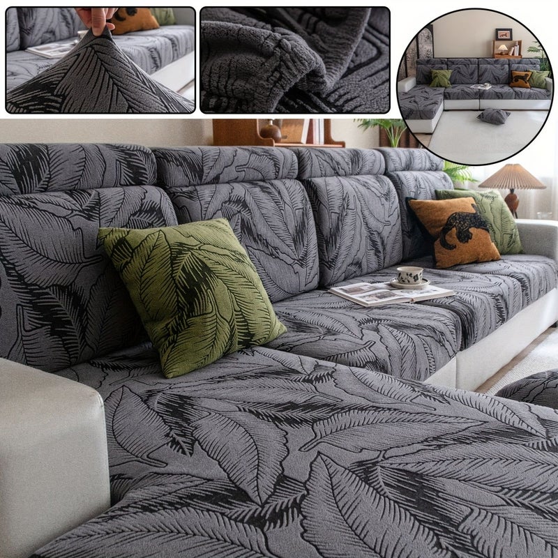 Blue Velvet Seatback Sofa Cover High Elasticity Double Layer Leaf Pattern Non Slip - Image 3