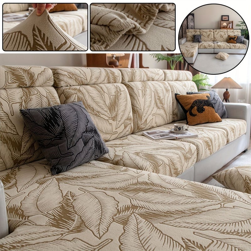 Blue Velvet Seatback Sofa Cover High Elasticity Double Layer Leaf Pattern Non Slip - Image 4