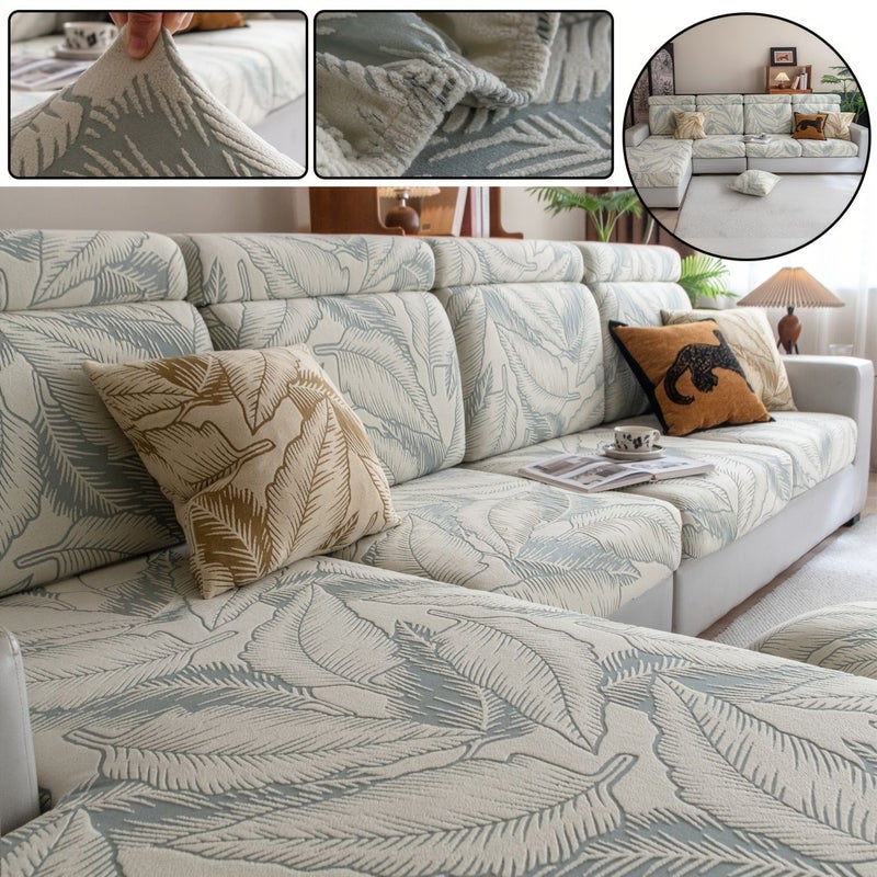 Blue Velvet Seatback Sofa Cover High Elasticity Double Layer Leaf Pattern Non Slip - Image 2
