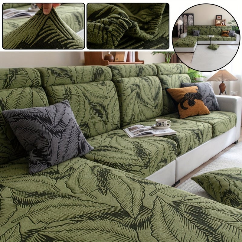 Blue Velvet Seatback Sofa Cover High Elasticity Double Layer Leaf Pattern Non Slip - Image 1