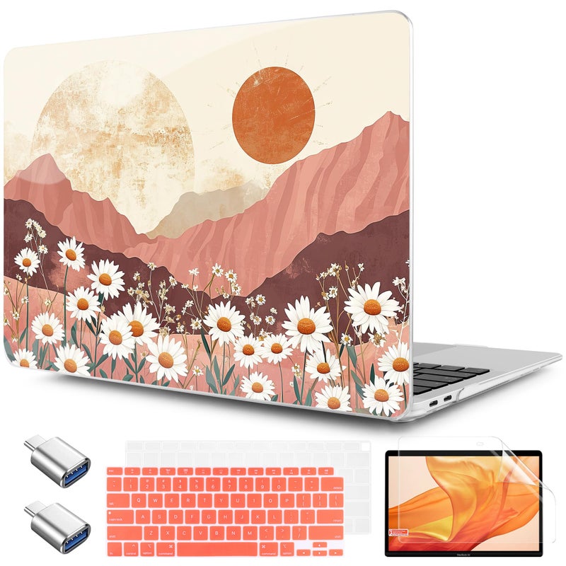 Twolskoo For Macbook Air 13.3 Inch Case 2021 2020 2019 2018 Release M1 A2337 A2179 A1932 With Touch Id  Plastic Hard Shell Case & Keyboard Cover & Type C Adapter  Mountains & Daisies - Image 1