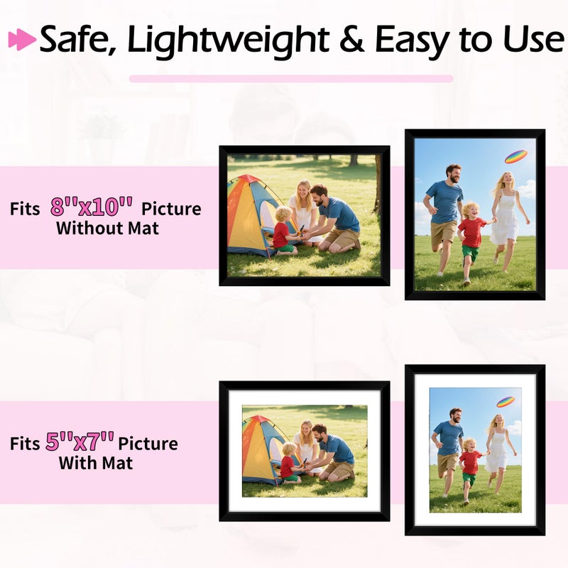 HOMERHYME 8x10 Picture Frame Set of 2, Black Photo Frame for Tabletop or Wall Display, Display Pictures 5x7 with Mat or 8x10 Without, Frame Collage with HD Plexiglass for Wall Home Decor, with Gadget - Image 3