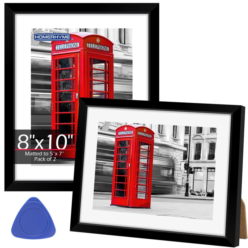 HOMERHYME 8x10 Picture Frame Set of 2, Black Photo Frame for Tabletop or Wall Display, Display Pictures 5x7 with Mat or 8x10 Without, Frame Collage with HD Plexiglass for Wall Home Decor, with Gadget - Image 1