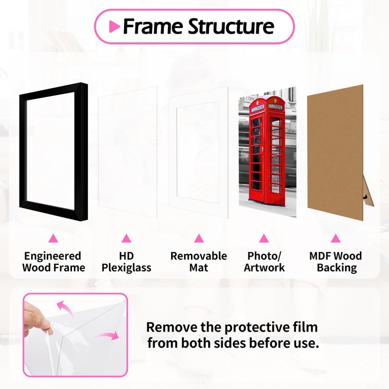HOMERHYME 8x10 Picture Frame Set of 2, Black Photo Frame for Tabletop or Wall Display, Display Pictures 5x7 with Mat or 8x10 Without, Frame Collage with HD Plexiglass for Wall Home Decor, with Gadget - Image 4