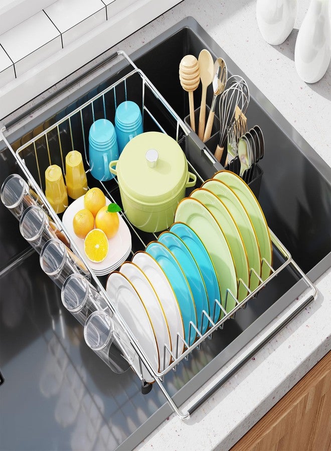 سيمبل تريدنج رف تجفيف أطباق قابل للتمديد من سيمبل تريند، مناسب للحوض، مع حامل أدوات، أسود - Image 1