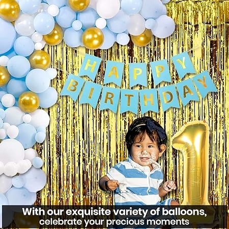 BRIJBAZAAR Birthday Decoration kit for 1st Birthday Boys- 28Pcs with Foil Curtain / Bday Supplies Items with Blue HBD Bunting, Number Foil Baloons/1st Birth Day Props for Kids, Baby/Newborn Gifts Set - Image 5