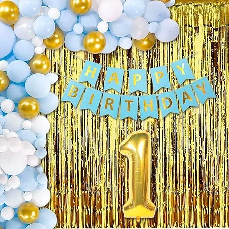 BRIJBAZAAR Birthday Decoration kit for 1st Birthday Boys- 28Pcs with Foil Curtain / Bday Supplies Items with Blue HBD Bunting, Number Foil Baloons/1st Birth Day Props for Kids, Baby/Newborn Gifts Set - Image 1