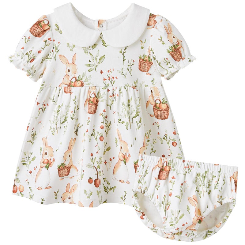 pureborn Baby Girls Dress Cotton Short Sleeve Casual Dress with Bloomer Bunny Fruit Basket 0-3 Months - Image 1
