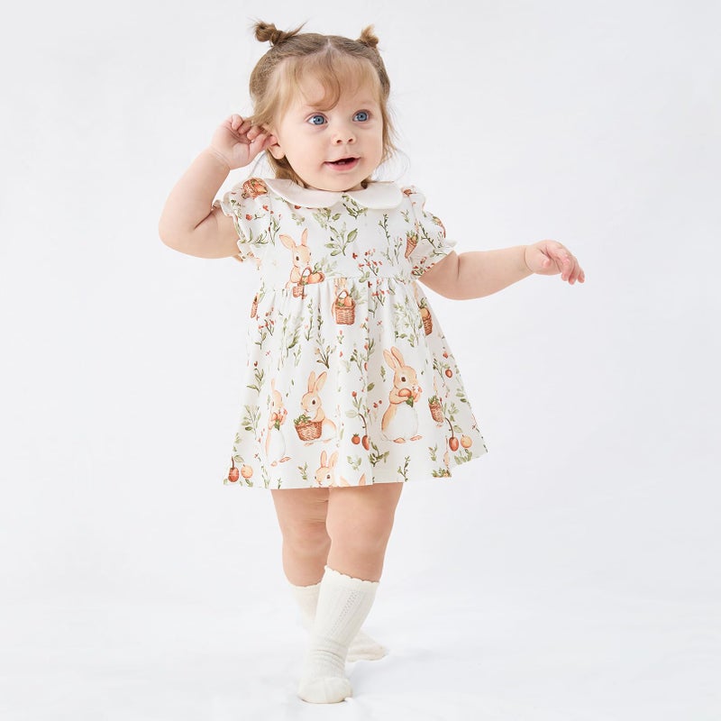 pureborn Baby Girls Dress Cotton Short Sleeve Casual Dress with Bloomer Bunny Fruit Basket 0-3 Months - Image 2