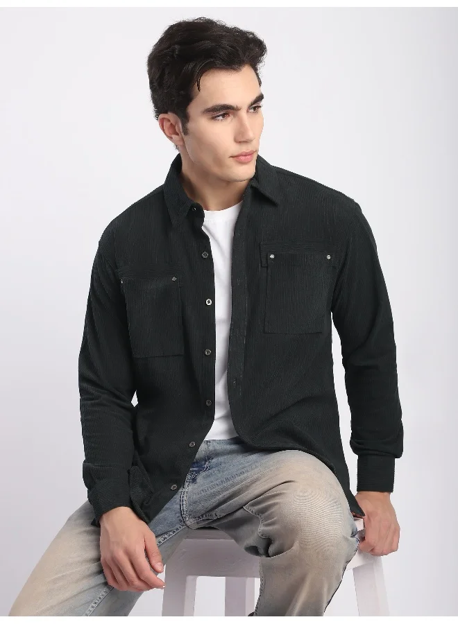 Beyoung Dark Grey Corduroy Dual Pocket Shirt